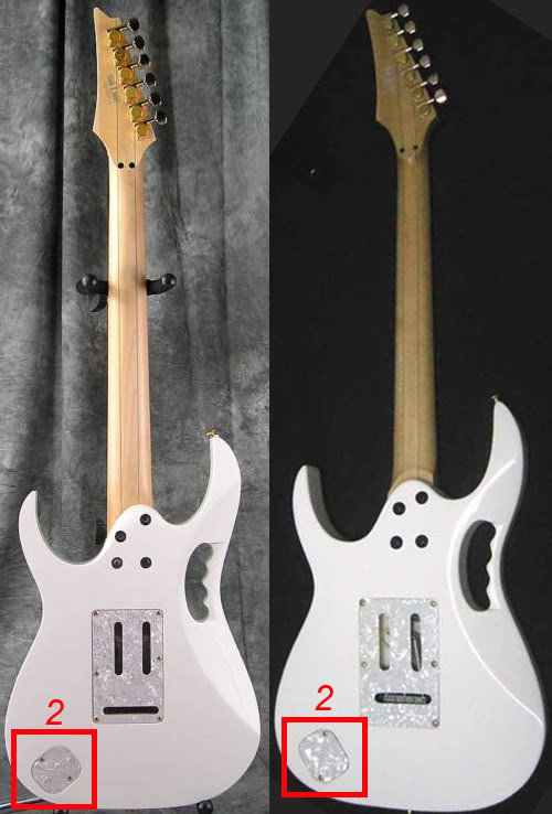 Two pictures of the back of Ibanez Jem guitars showing differences between real and fake